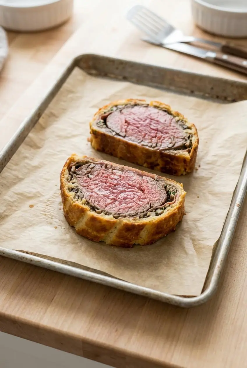 Pre-sliced keto beef wellington arranged on a parchment-lined baking sheet for gentle oven reheating.