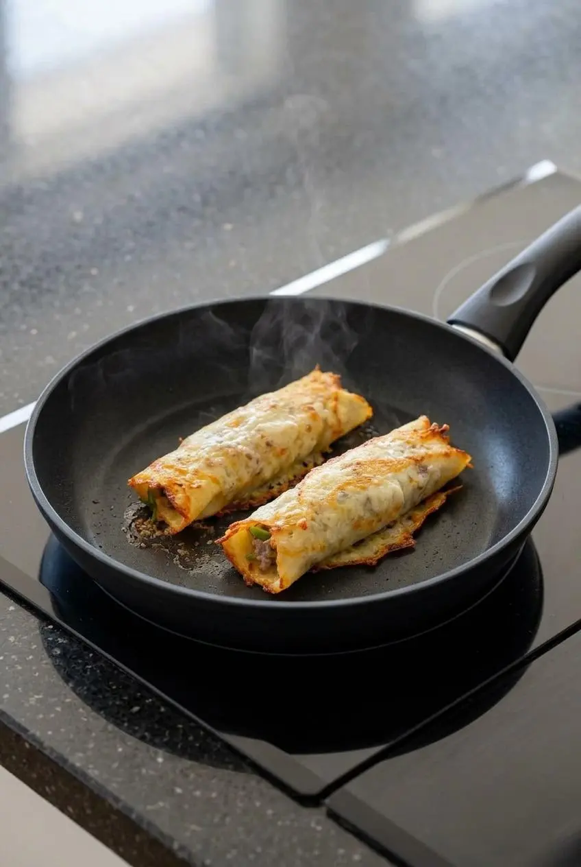 Reheating keto philly cheesesteak roll ups in a dry skillet on the stovetop to restore crispness.