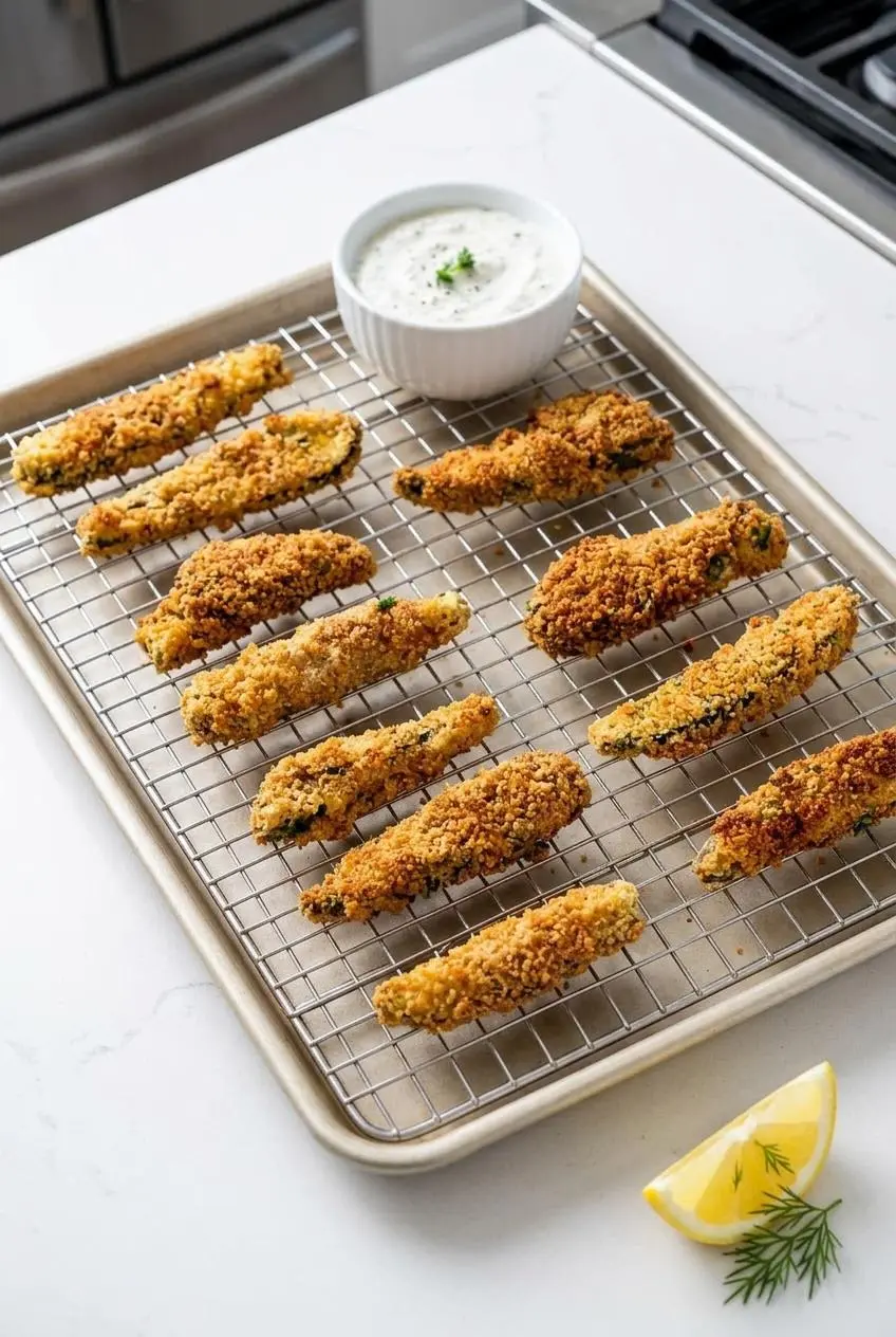Breaded keto fried pickles arranged on a wire rack over a baking sheet for oven reheating.