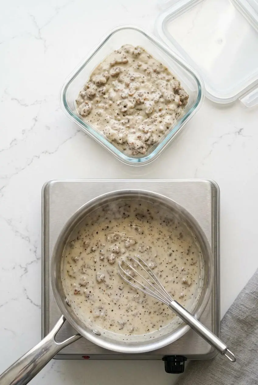 Chilled keto sausage gravy in a glass storage container next to a saucepan gently reheating on low heat.