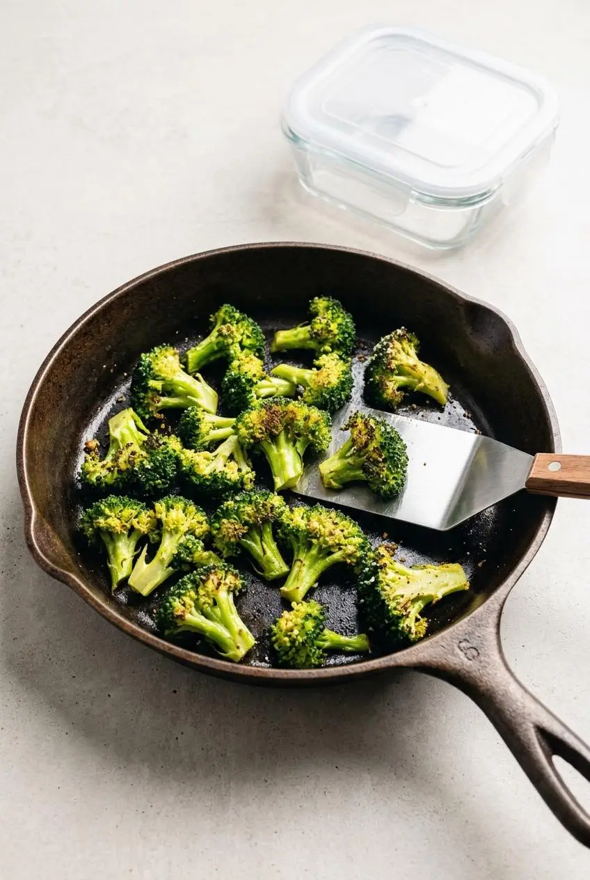 Reheating leftover roasted broccoli florets in a hot dry skillet on the stove.