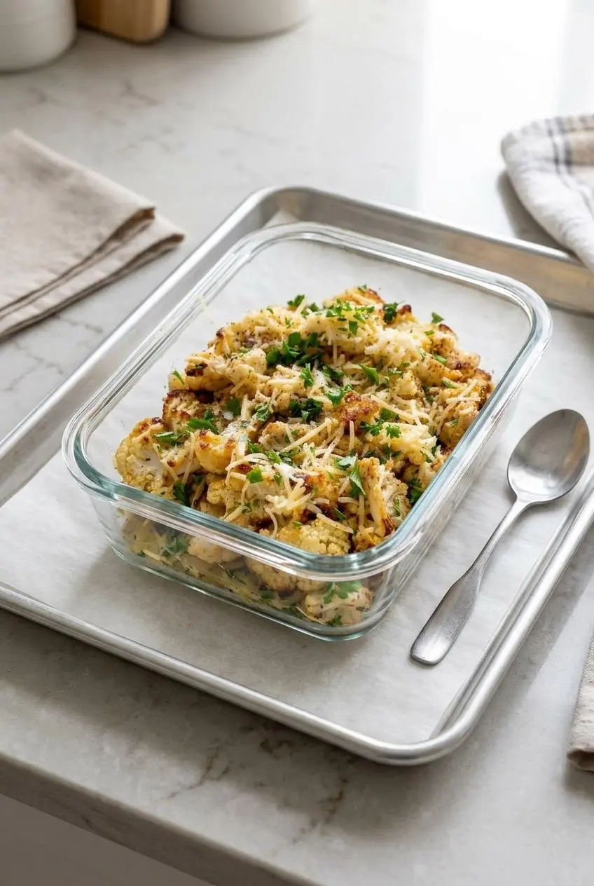 Roasted cauliflower florets stored in a clear glass meal prep container next to a baking sheet.