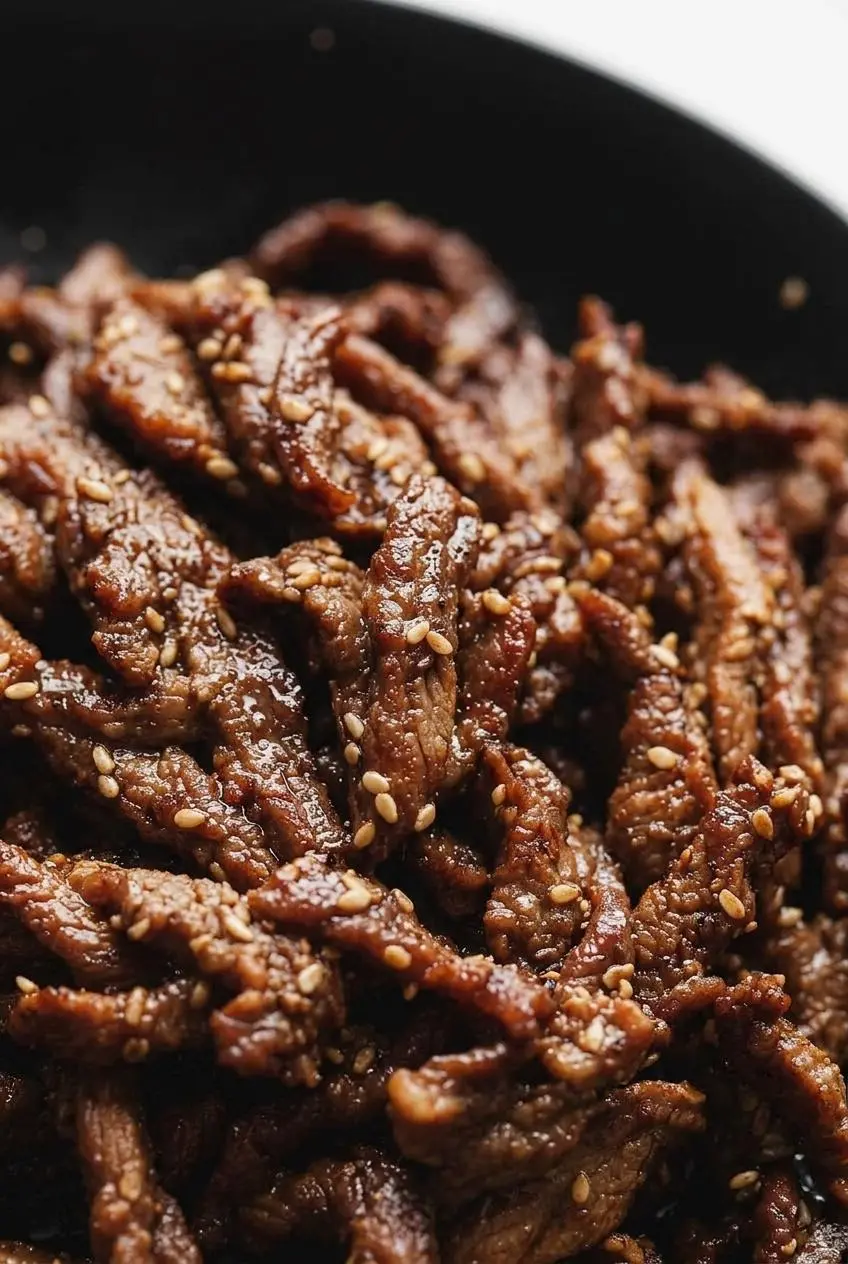 Close-up of seared beef bulgogi strips showing deeply charred edges, glossy sauce, and sesame seeds.