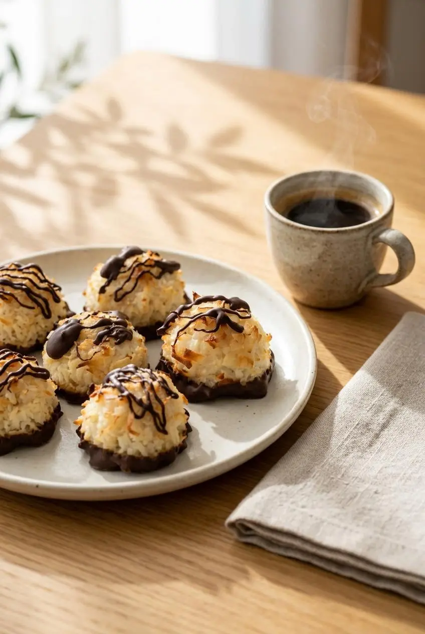 Sugar-free chocolate dipped keto coconut macaroons served on a ceramic plate beside hot black espresso.