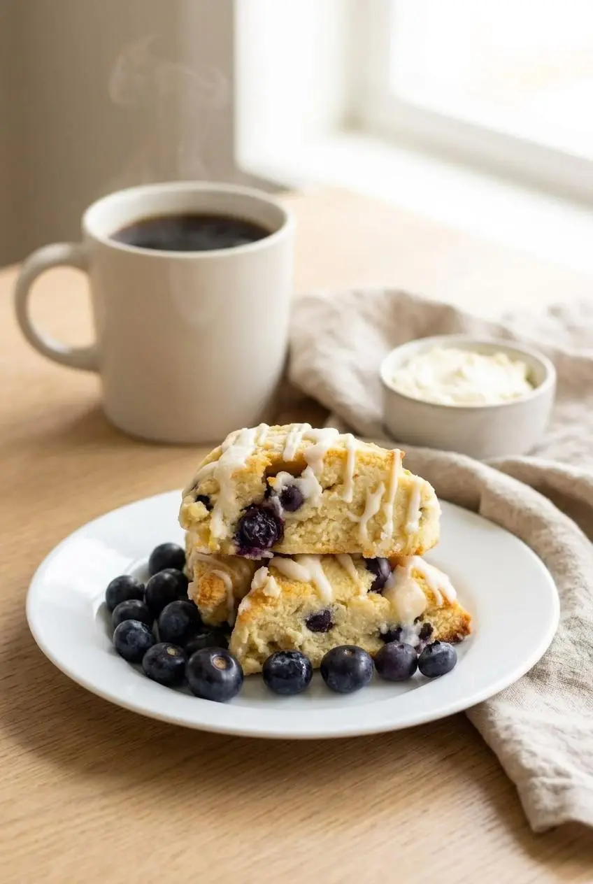 Glazed keto blueberry scones served on a ceramic plate alongside fresh black coffee and clotted cream.