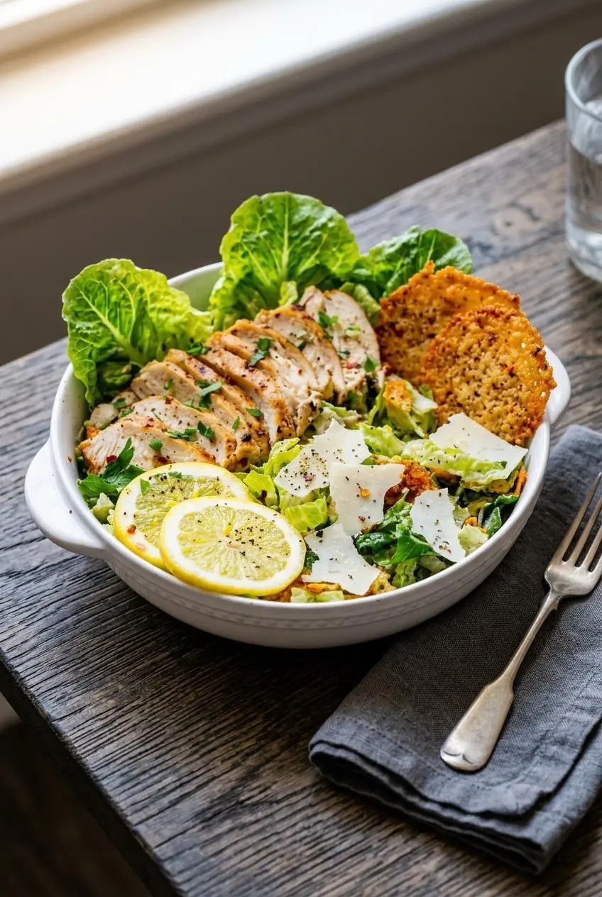 Plated keto caesar salad in a shallow bowl with grilled chicken slices, shaved parmesan, and black pepper.