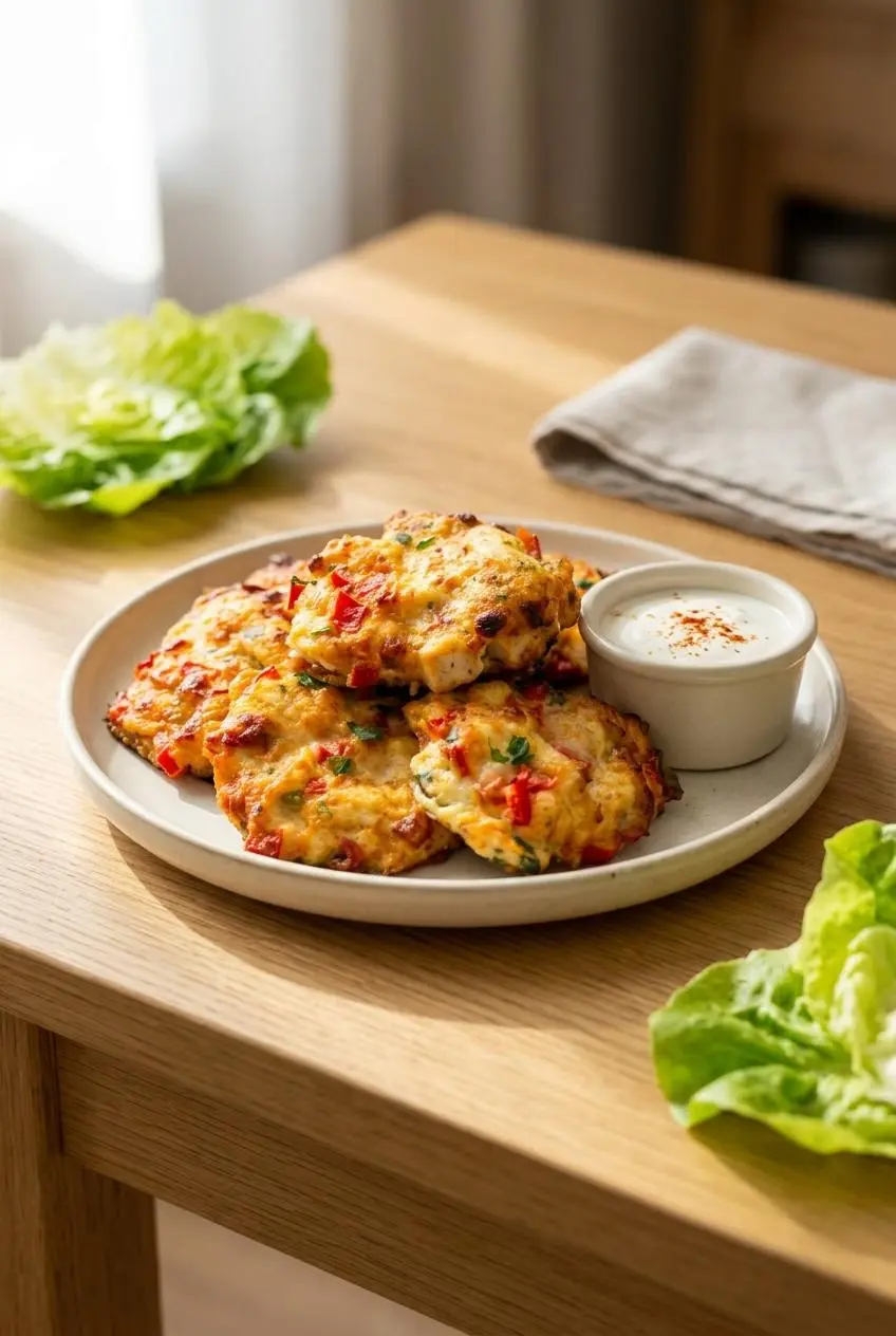 Stack of golden keto chicken fritters on a ceramic plate beside garlic sour cream dip.