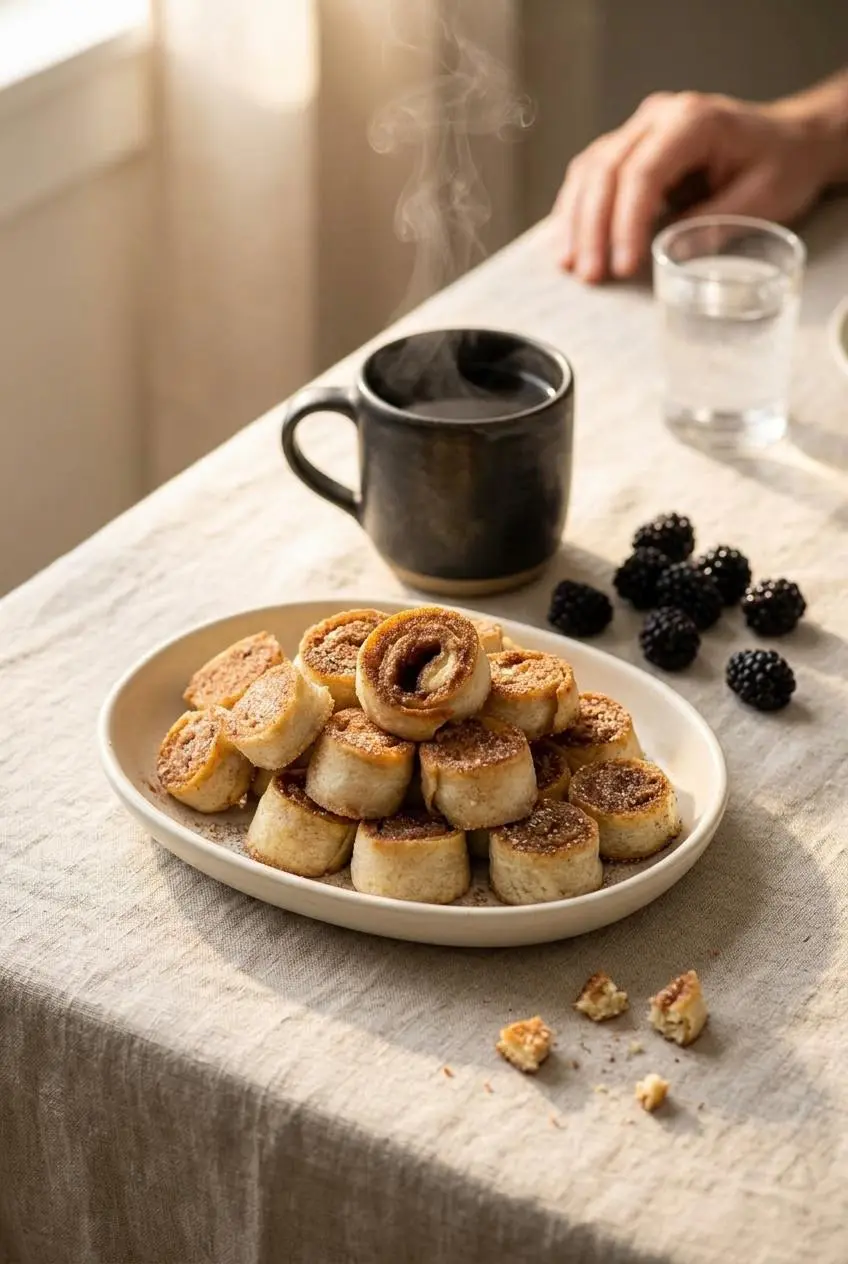 Platter of dusted keto cinnamon cream cheese bites served beside fresh blackberries and a mug of black coffee.