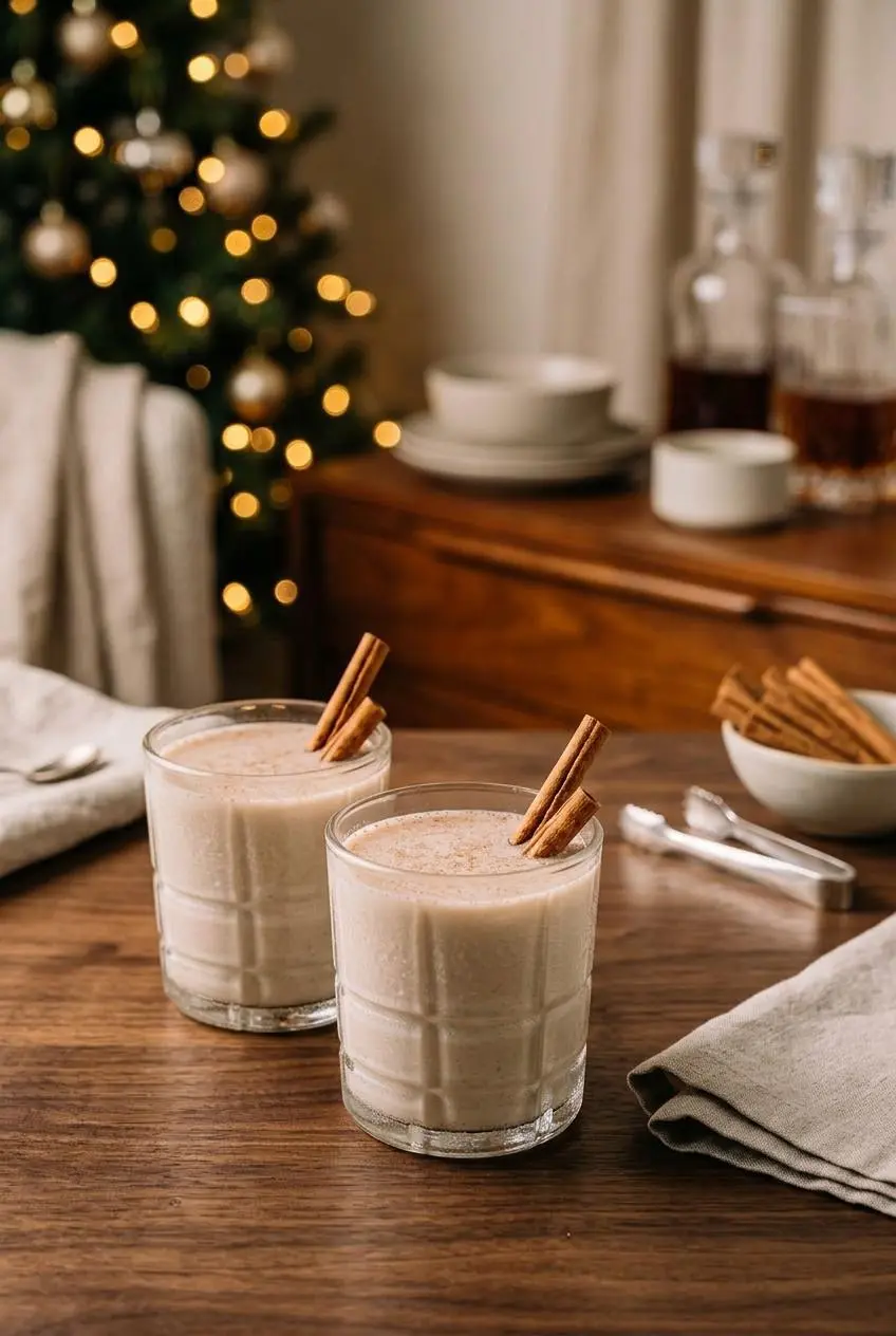 Crystal cordial glasses filled with creamy keto coquito garnished with cinnamon sticks on a wooden table.