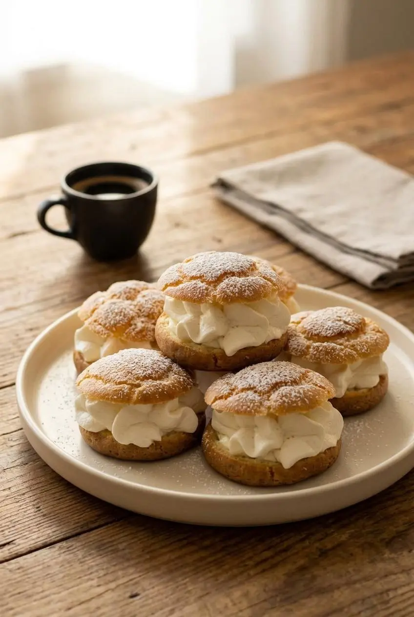 Platter of keto cream puffs dusted with low-carb sweetener, served alongside a small cup of hot espresso.