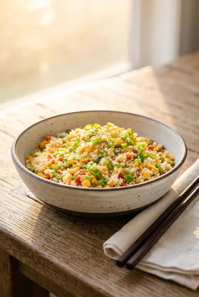 Bowl of keto fried rice garnished with sliced scallions and toasted sesame seeds on a rustic wooden dining table.