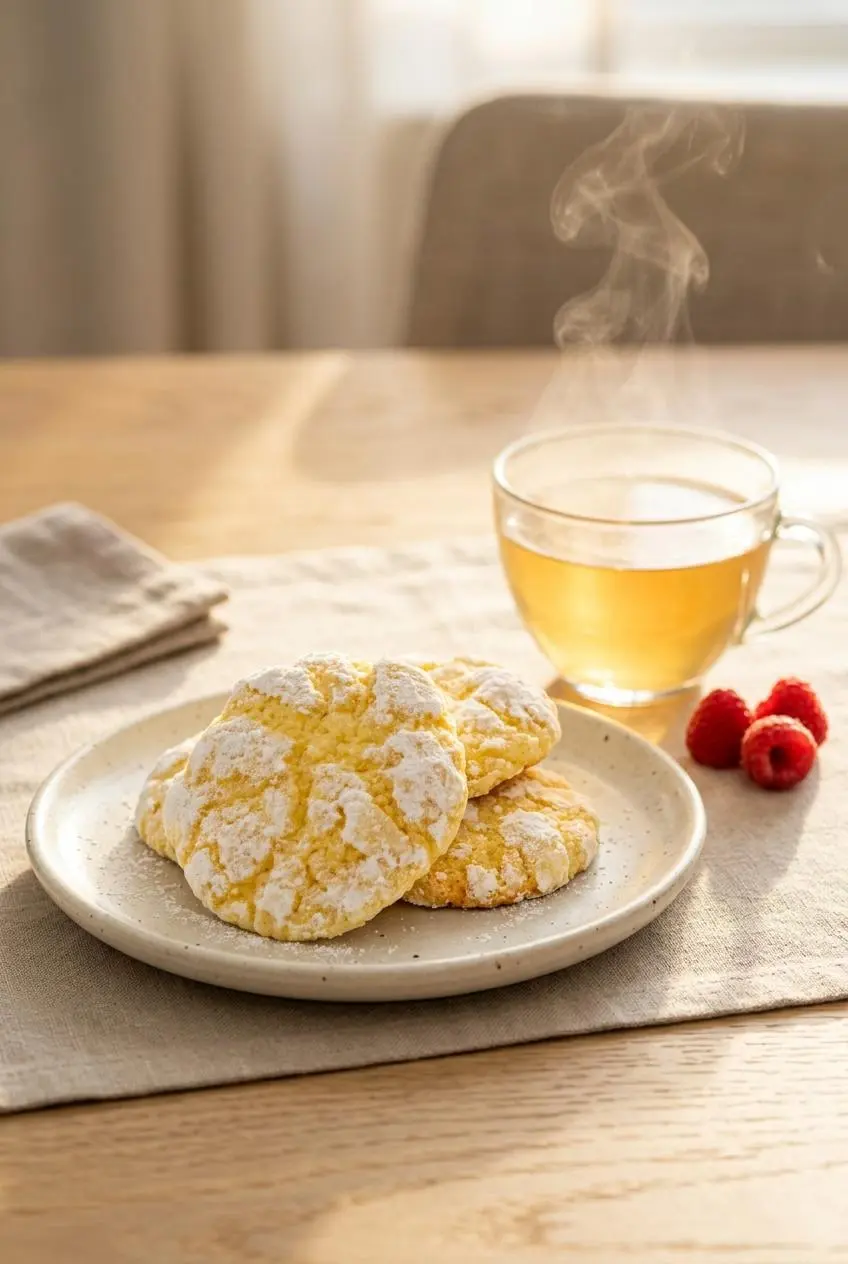 Plate of low-carb lemon crinkle cookies served alongside hot tea and fresh raspberries.