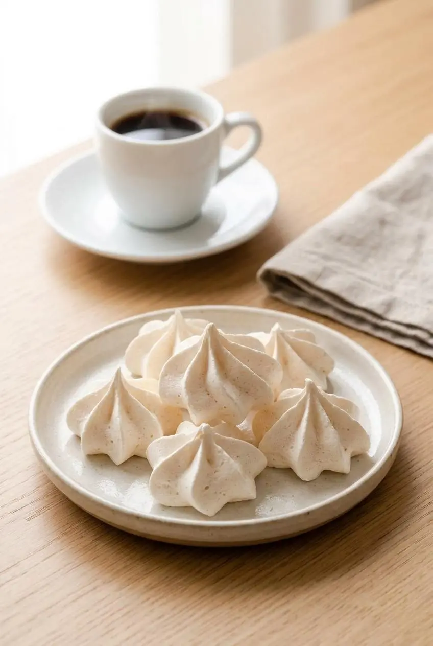 Crisp keto meringue cookies plated on an artisan ceramic dish alongside a cup of hot black espresso.