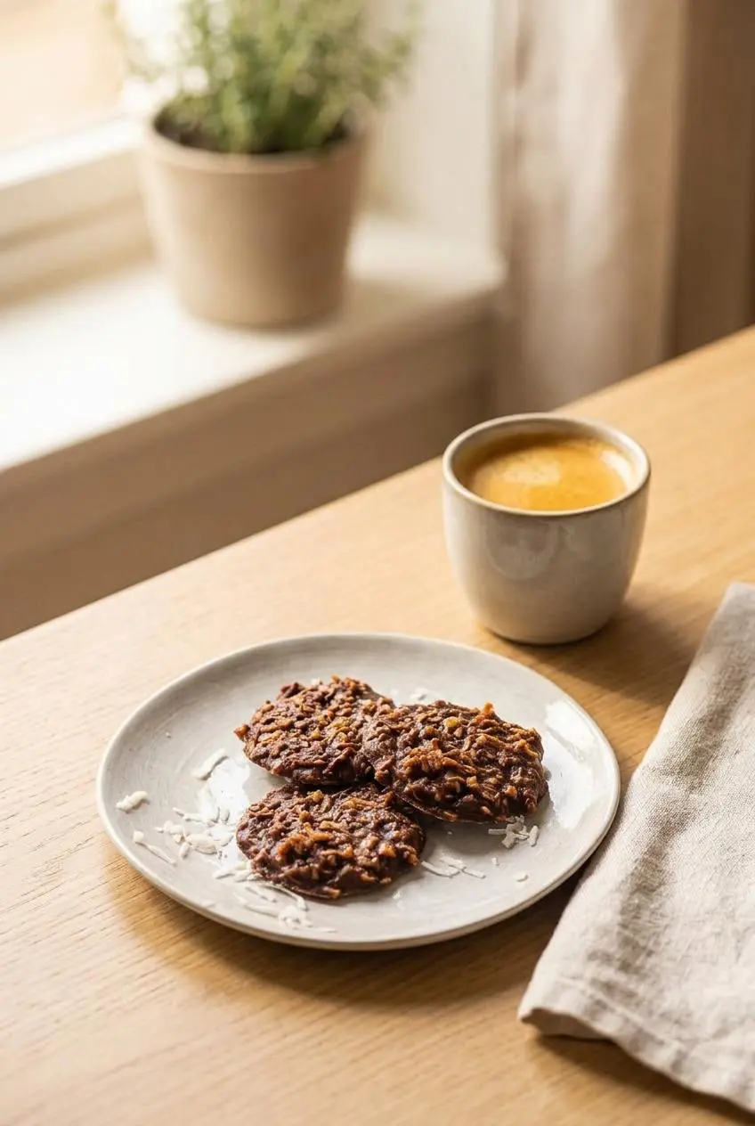 Three keto no bake cookies plated on ceramic dish beside a fresh cup of hot espresso