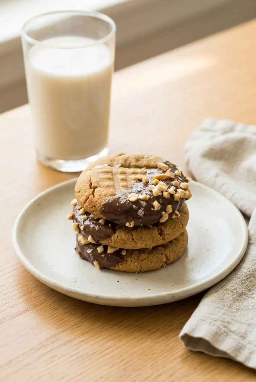 Stack of keto peanut butter cookies on a ceramic plate served alongside a glass of almond milk.