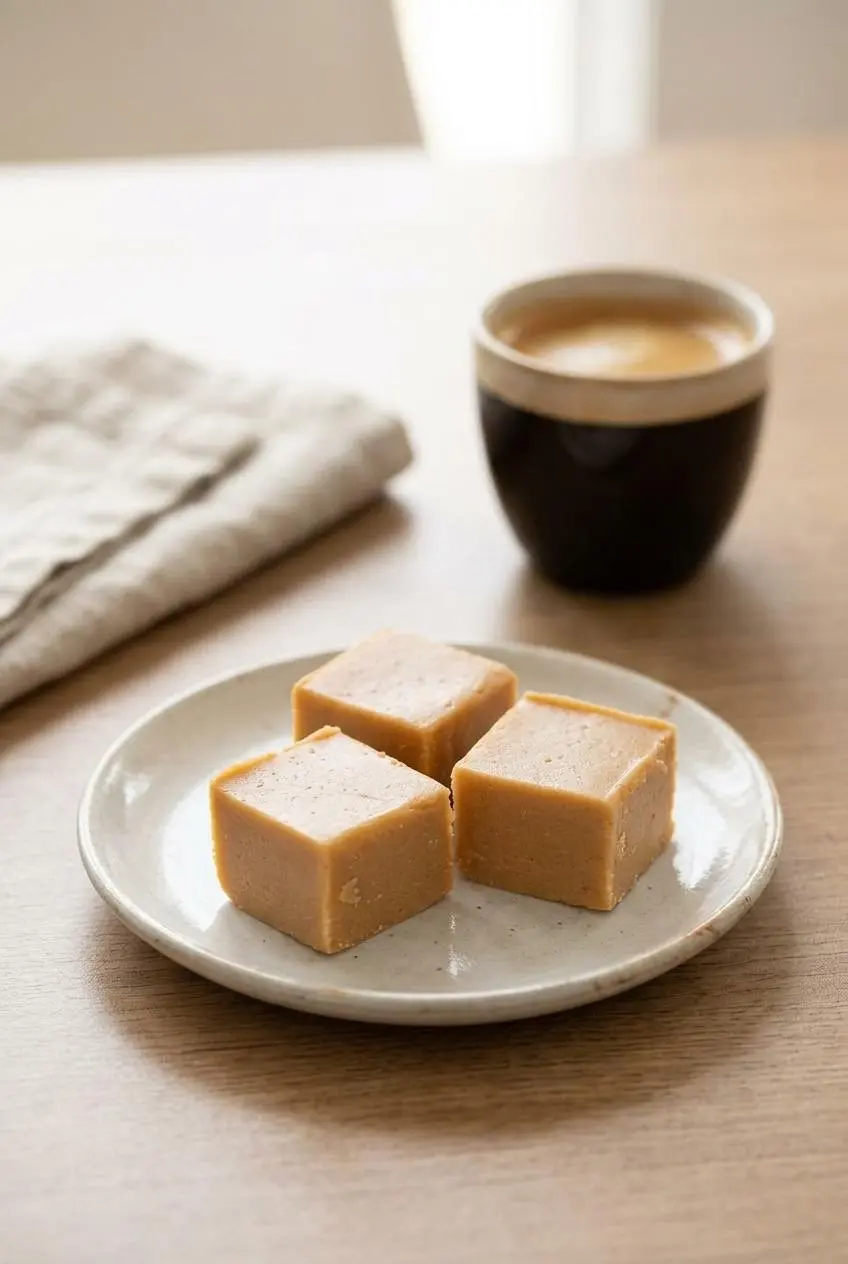 Three neat squares of keto peanut butter fudge served on a ceramic plate next to a cup of hot espresso.