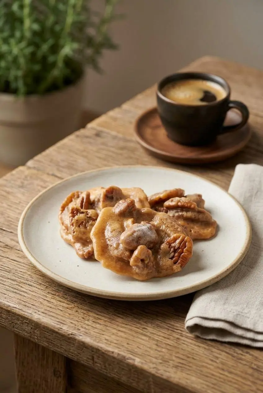 Chilled keto pecan pralines plated on a ceramic dessert dish alongside a small cup of dark espresso.