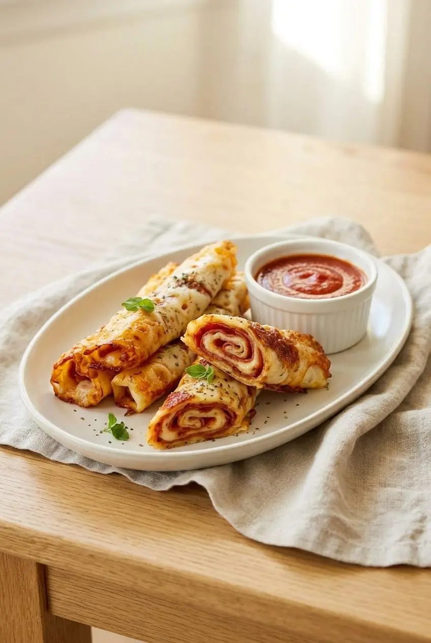 Sliced keto pizza roll ups arranged on an oval platter with a ramekin of keto marinara sauce.