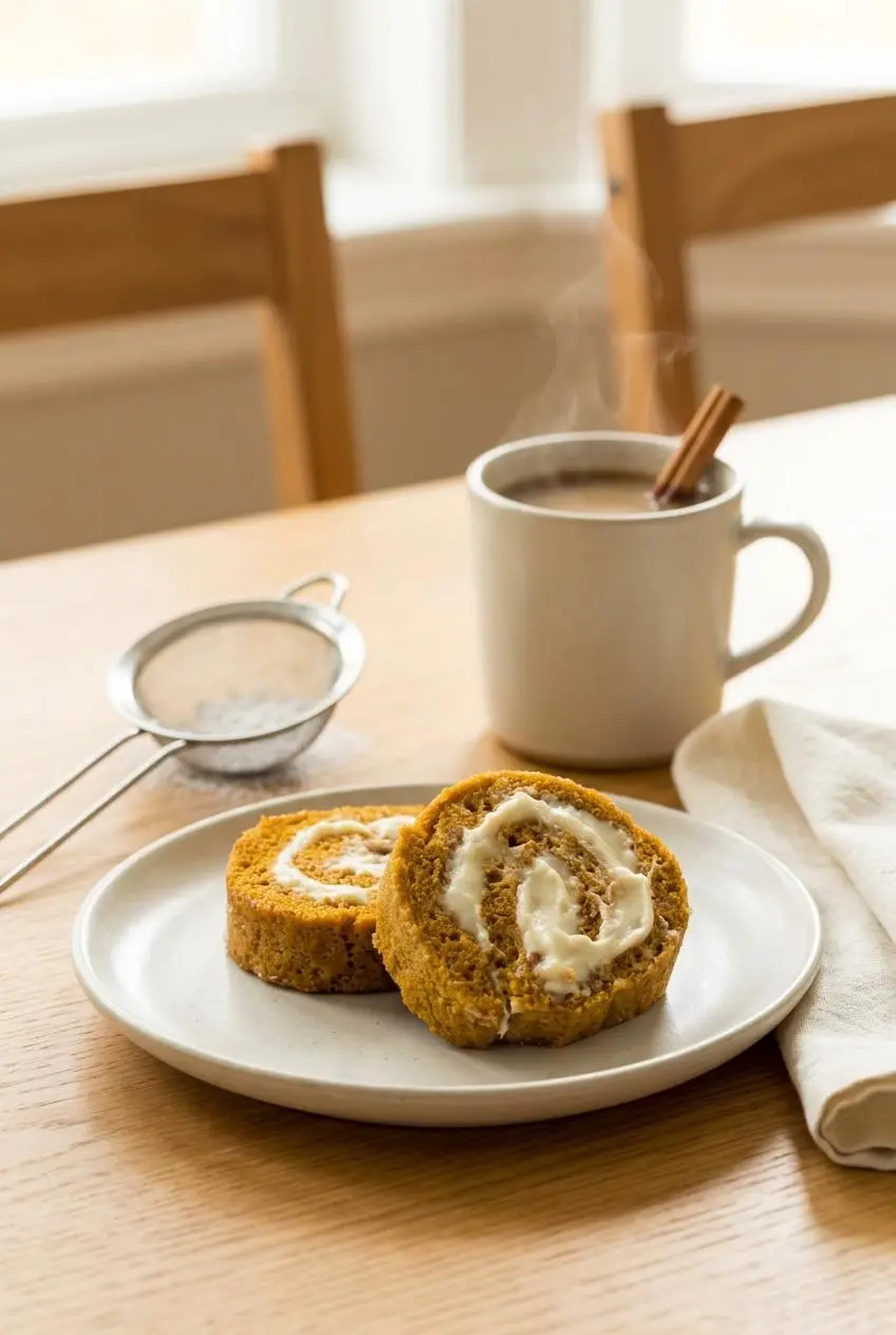 Chilled slices of keto pumpkin roll on a ceramic plate served alongside unsweetened spiced coffee.