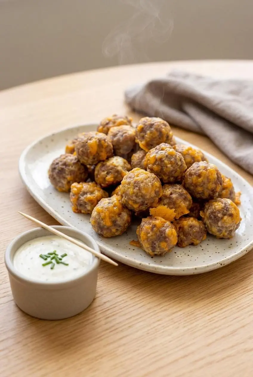 Keto sausage balls on a ceramic platter paired with a ramekin of garlic ranch sauce.