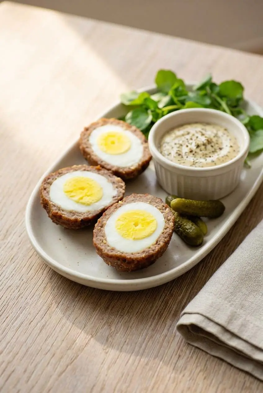 Halved keto Scotch eggs arranged on a platter with stone ground mustard dipping sauce and pickles.