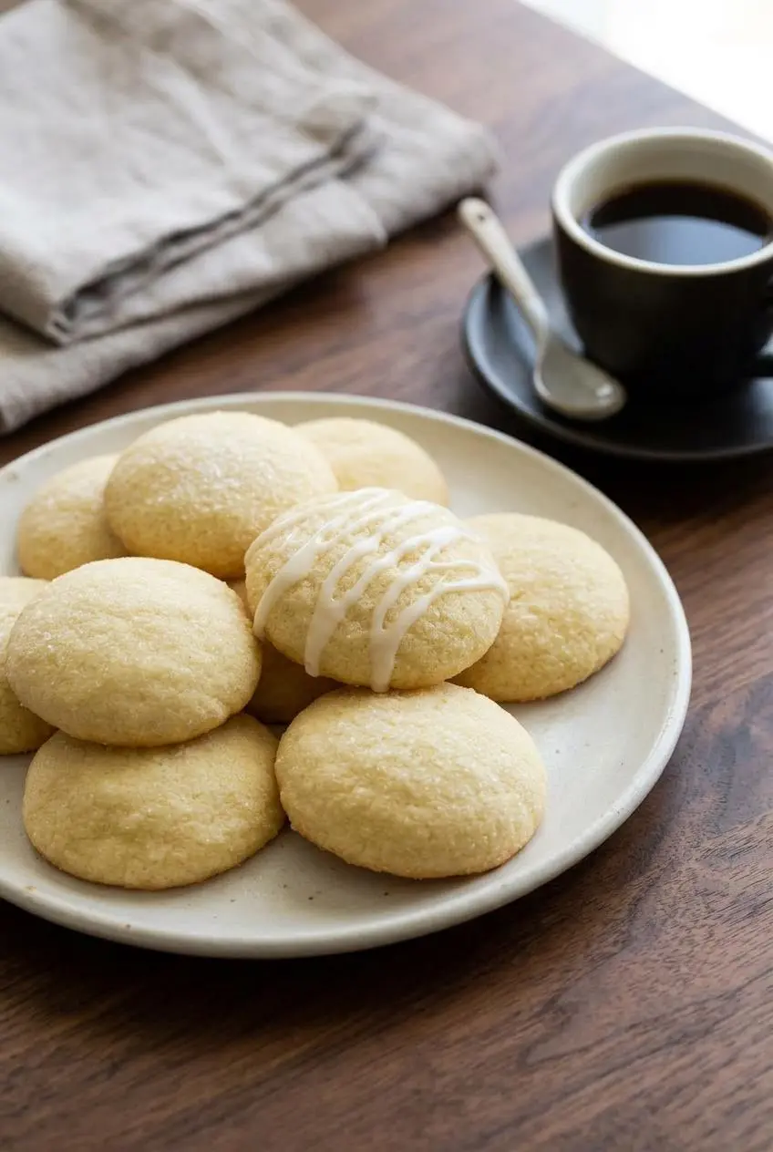 Stack of round keto sugar cookies on a ceramic plate, one finished with a cream cheese glaze, beside black coffee