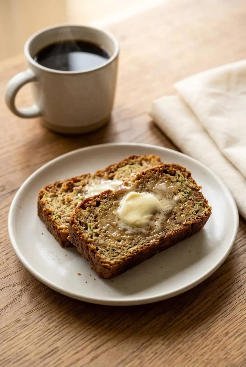 Two warm toasted slices of keto zucchini banana bread with melting butter on a ceramic plate next to a cup of coffee.