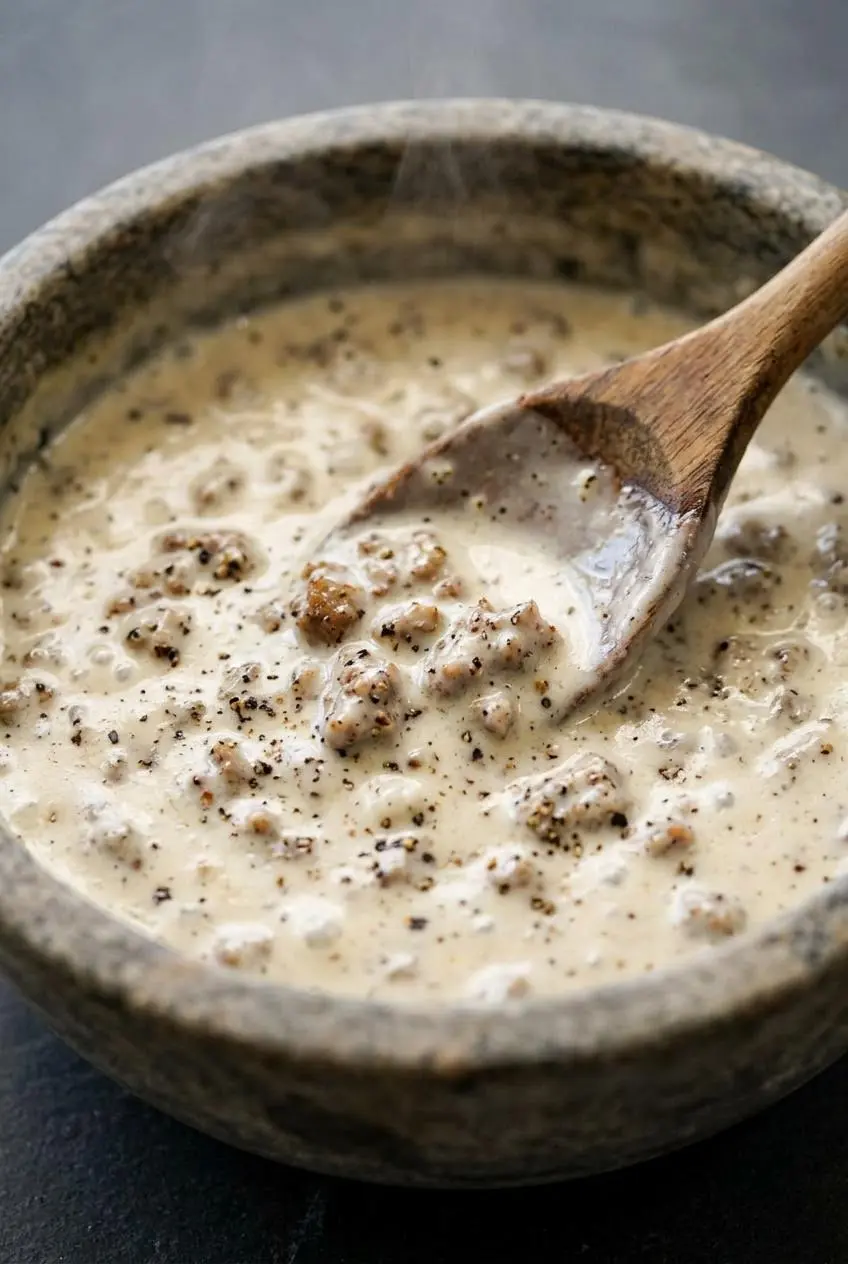 Simmering low-carb sausage gravy coating the back of a wooden spoon with cracked black pepper and pork crumbles.