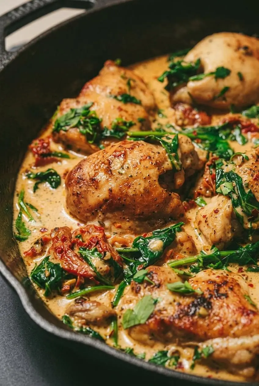 Golden chicken thigh simmering in a bubbling garlic cream sauce with spinach and sun-dried tomatoes.
