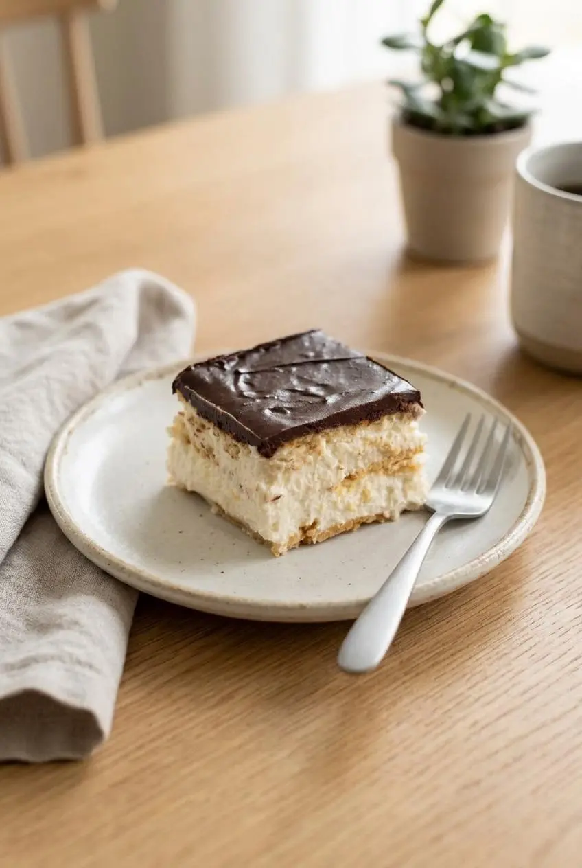 Single plated square slice of keto eclair cake with crisp edges on a white ceramic dessert plate.