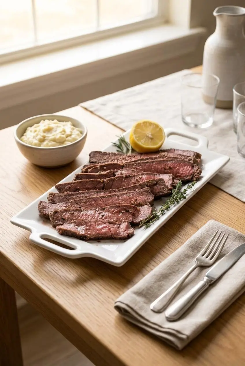 Platter of thinly carved steak slices served with garlic butter cauliflower mash on a dining table.