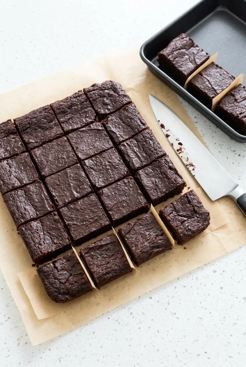 A chilled slab of keto brownies cut into neat squares with a sharp knife on parchment paper.