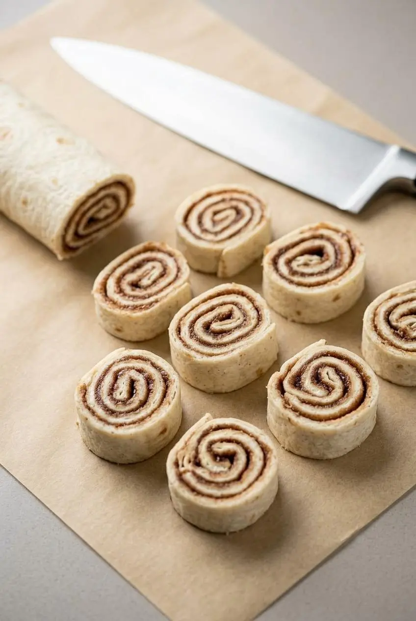 Chilled zero-carb tortilla roll sliced into neat spirals on parchment paper next to a clean knife.