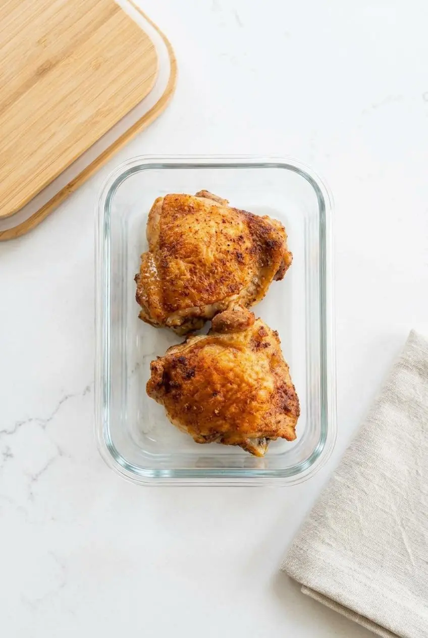 Roasted chicken thighs stored skin-side up in a single layer in a glass meal prep dish.