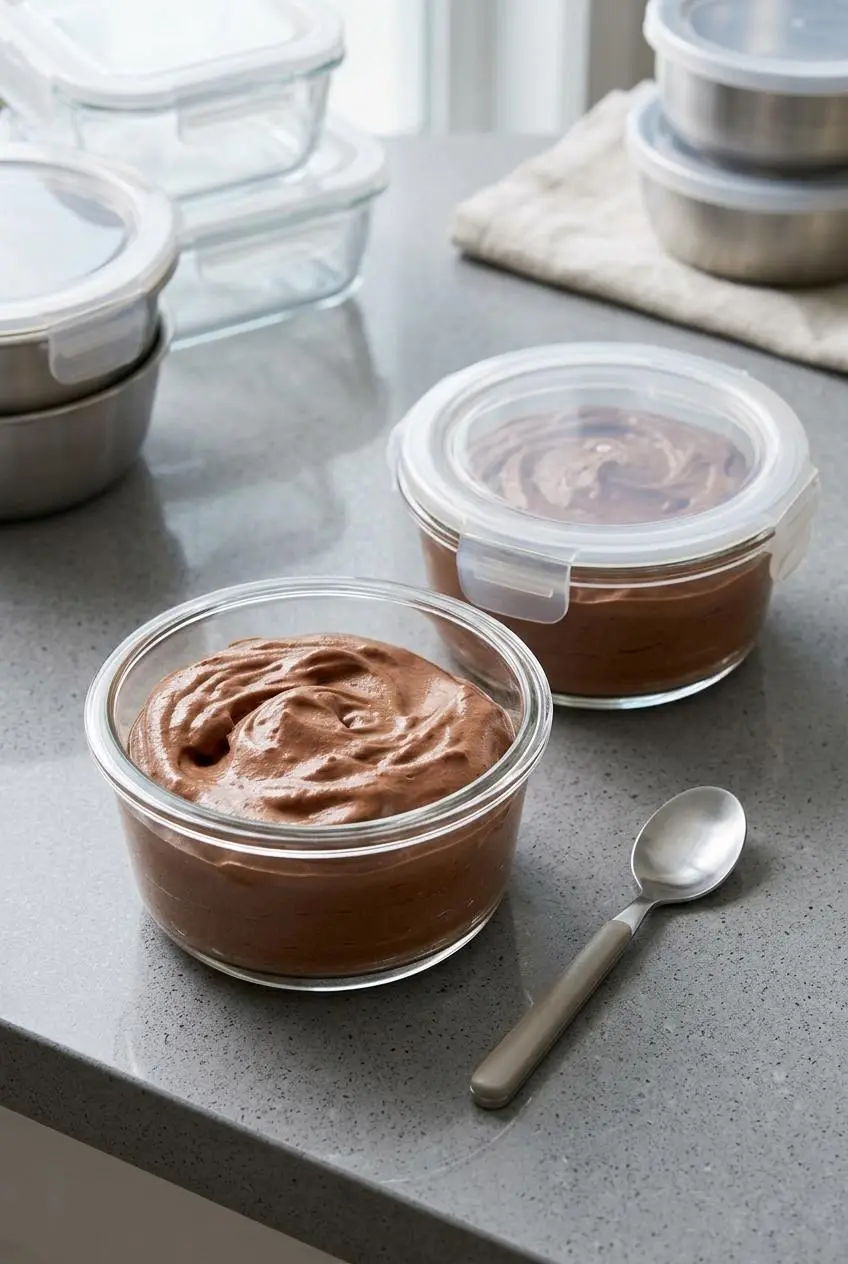 Glass prep ramekins with airtight lids holding chilled chocolate mousse on a kitchen counter.