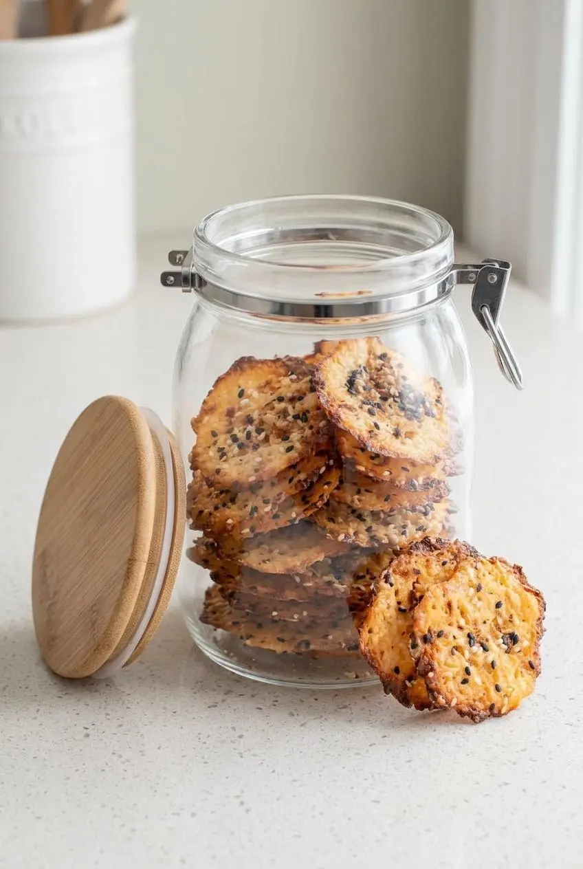 Golden cottage cheese chips stacked in an airtight glass storage jar with an open bamboo lid on a counter.