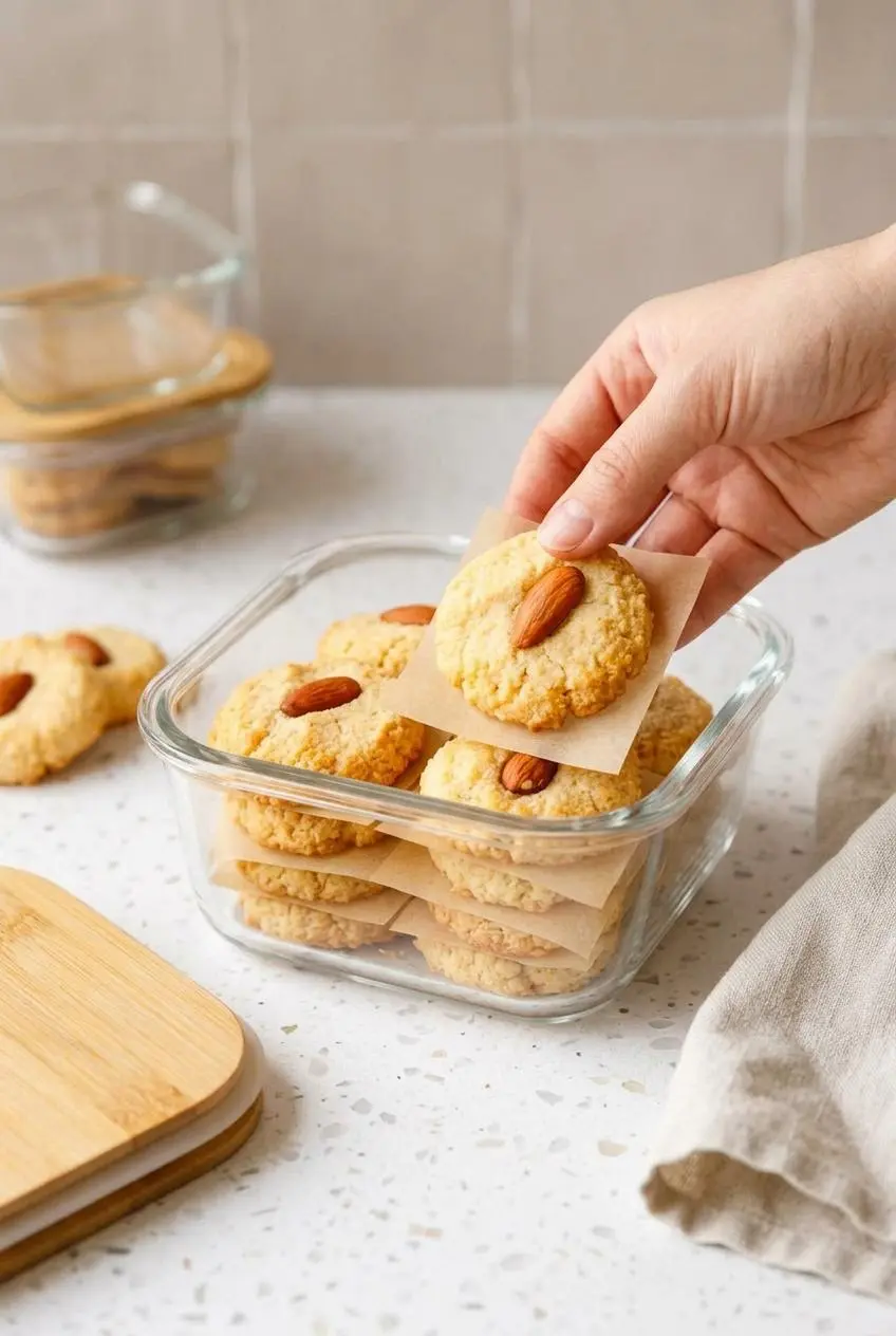 Keto almond cookies layered between parchment paper inside an airtight glass storage jar.