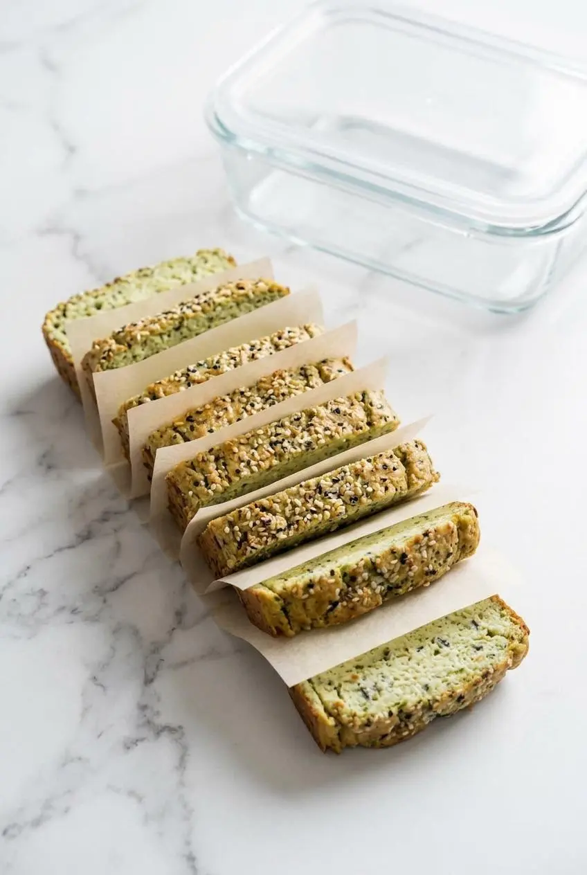 Slices of chilled avocado bread layered with parchment paper squares on a marble counter.