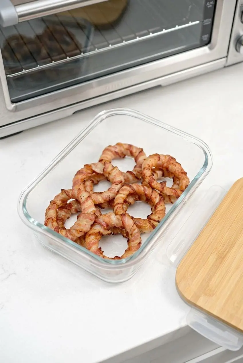 Cooked keto bacon wrapped onion rings placed in a single layer inside a glass food storage container.