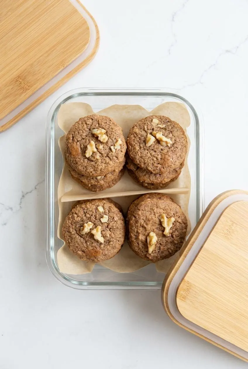 Cooled low carb banana cookies neatly stored in a parchment-lined glass meal prep container.