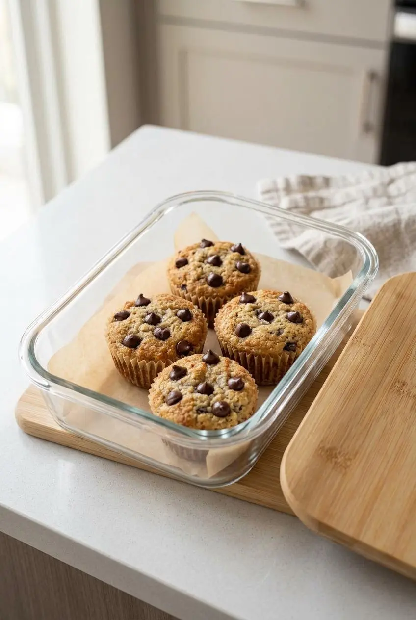 Four cooled keto banana muffins stored in a single layer inside a glass food container lined with parchment.