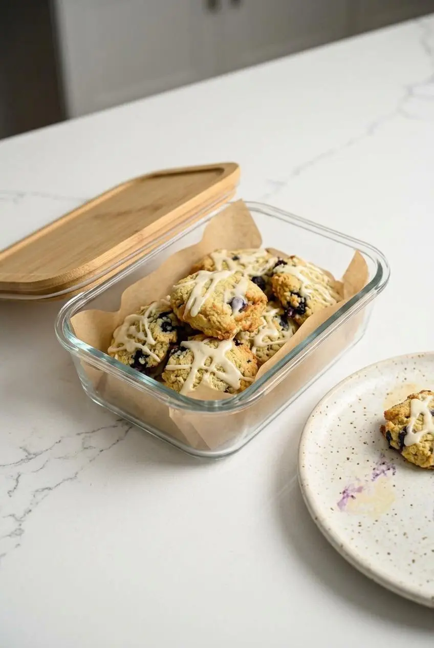 Keto blueberry cookies layered between parchment paper sheets inside a clear glass container.