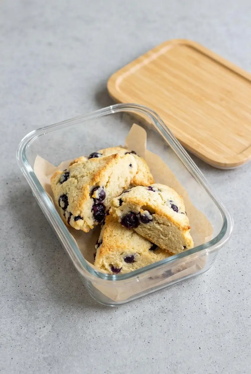 Baked keto blueberry scones arranged in a glass storage container lined with parchment paper.