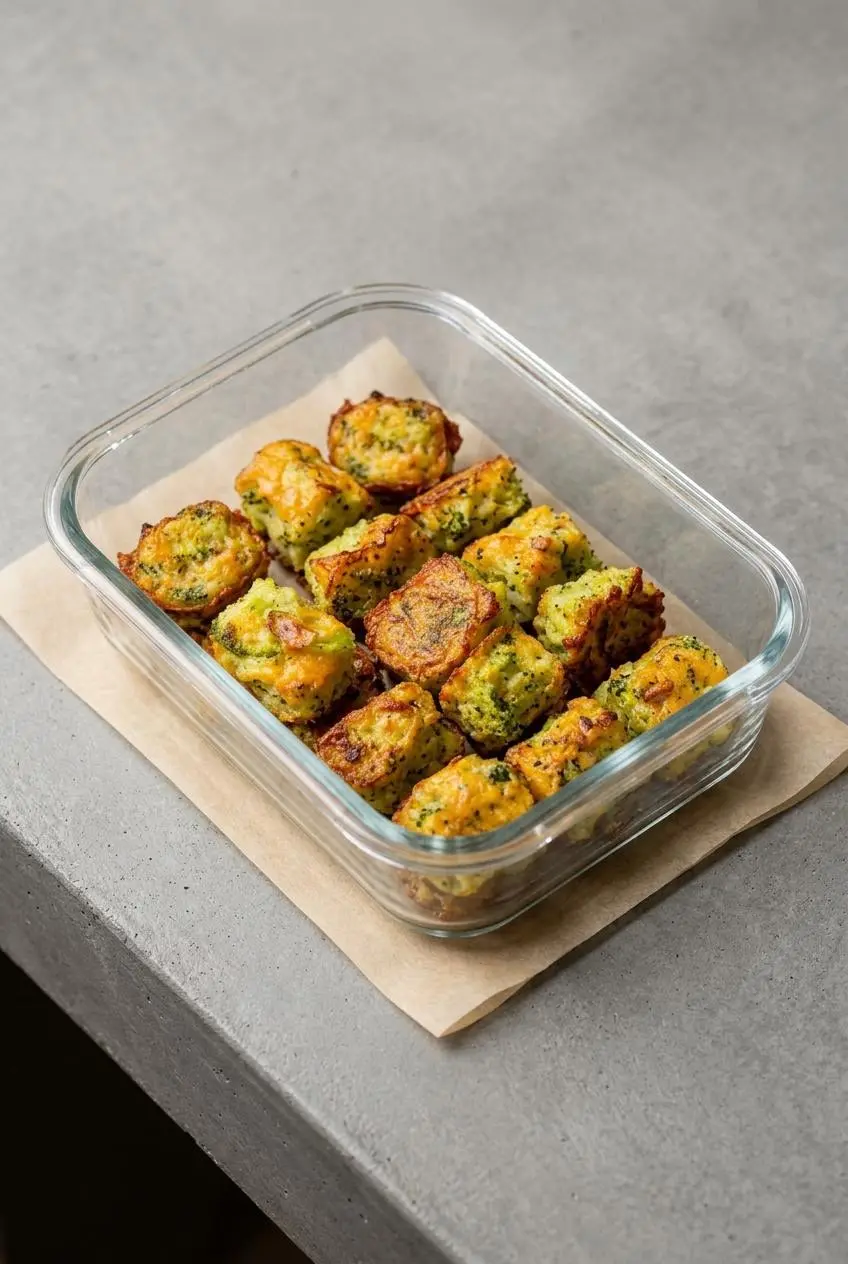 Cooled keto broccoli tots arranged in a single layer inside a glass meal prep container.