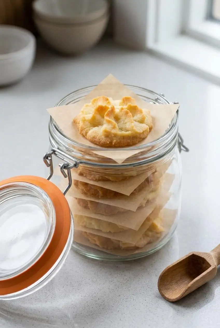 Piped keto butter cookies layered with parchment paper inside a clear glass clamp-lid jar
