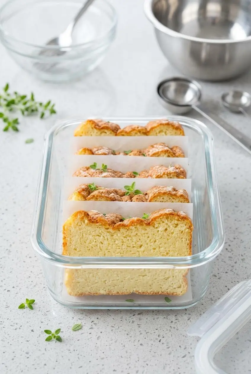 Stacked keto cauliflower bread slices separated by parchment paper inside a glass container