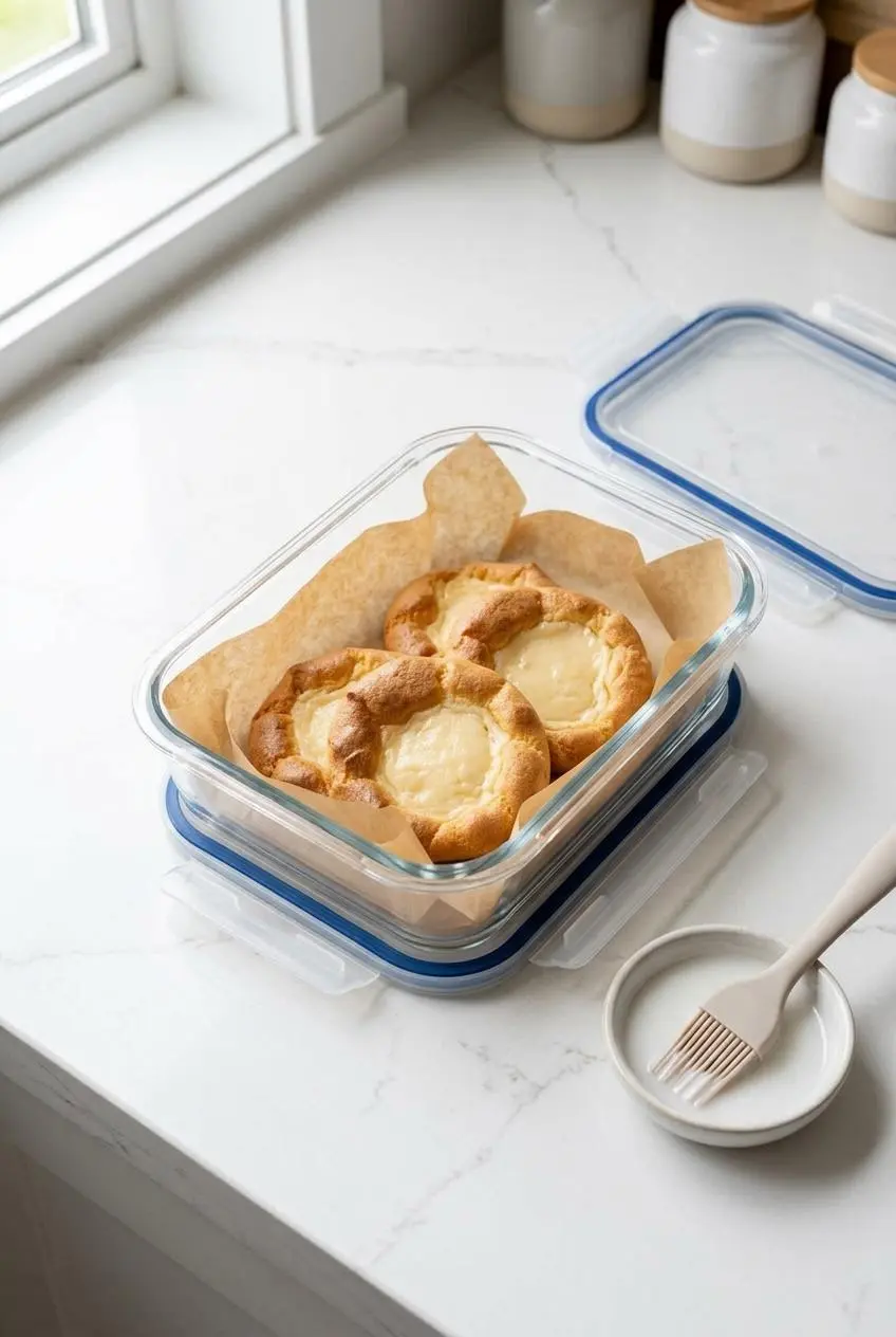 Baked keto cheese danishes layered with parchment in a glass storage container.