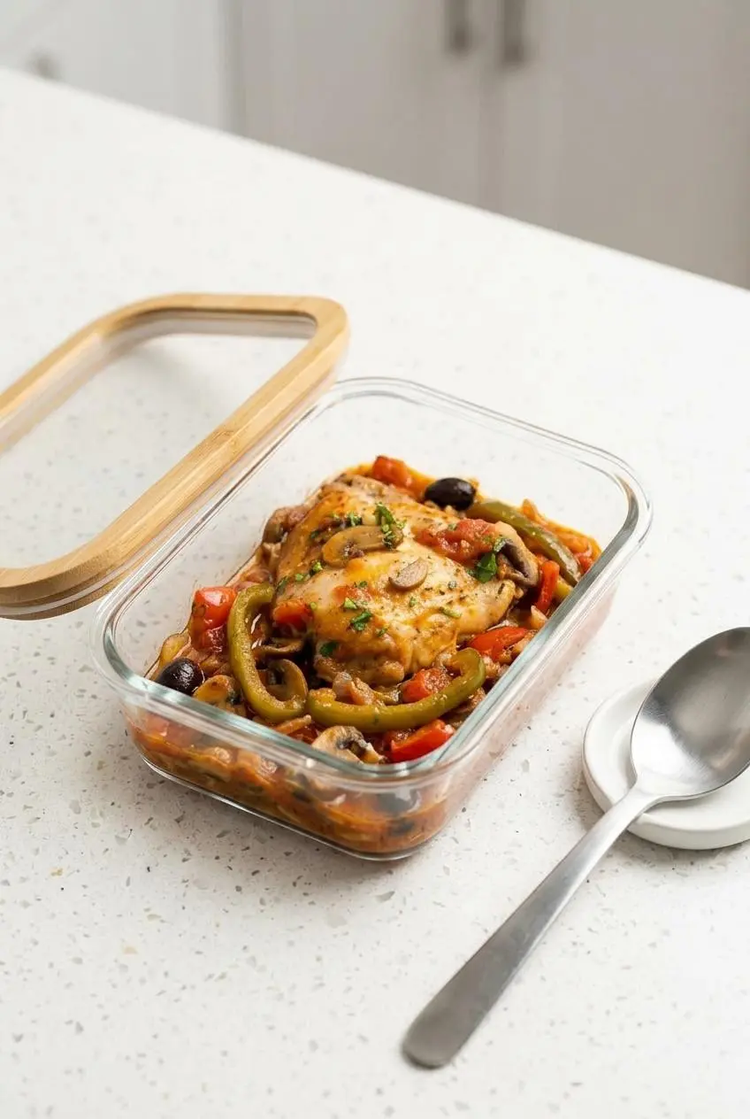 Leftover keto chicken cacciatore submerged in vegetable tomato sauce inside a glass meal prep container.