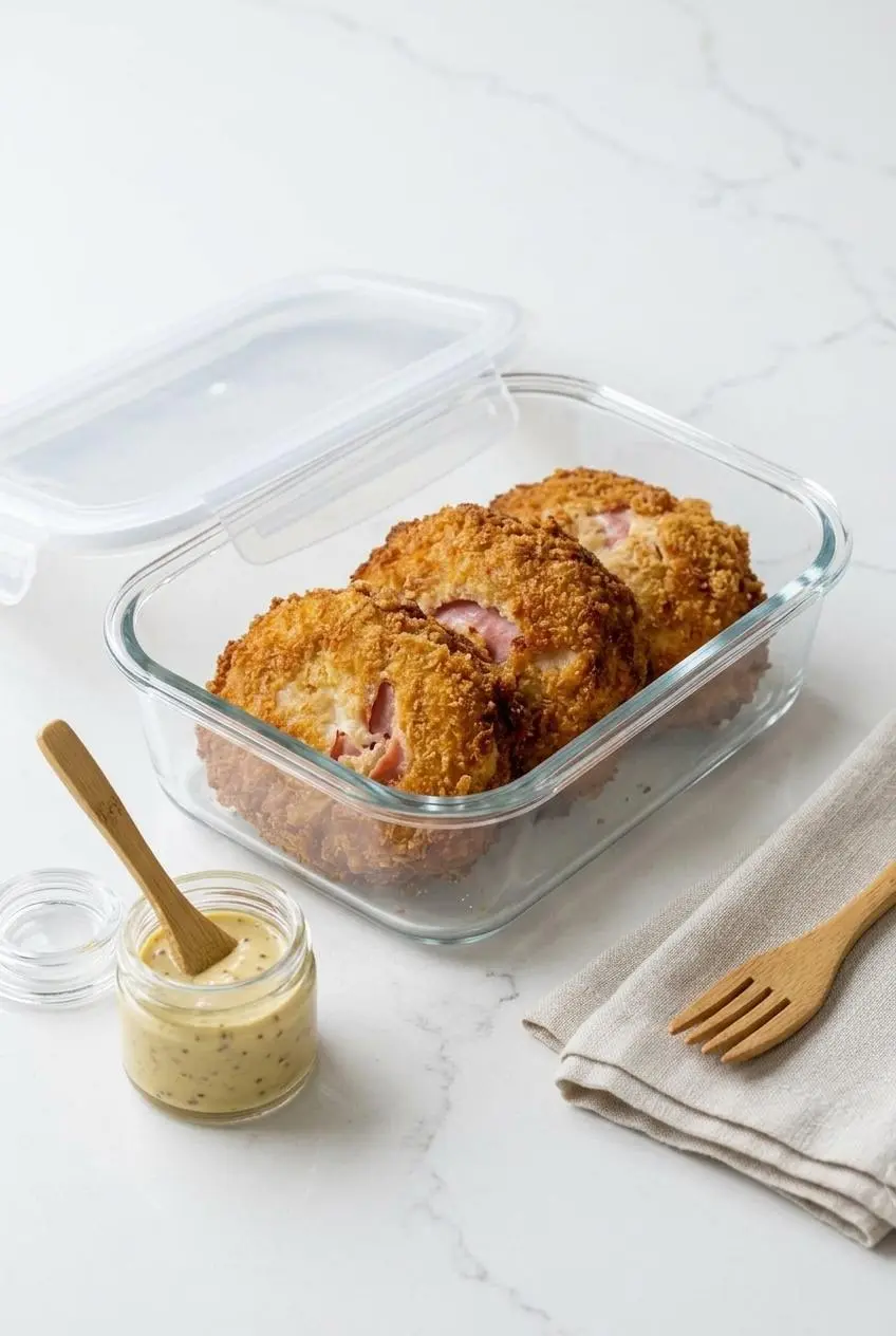 Cooked keto chicken cordon bleu cutlets stored in a glass meal container with sauce in a small jar.