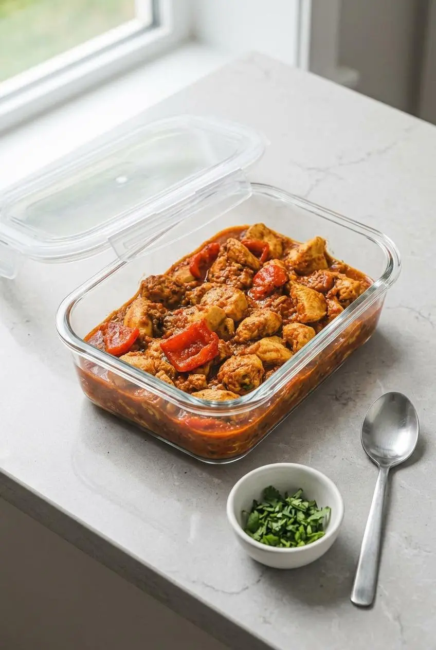 Cooked chicken curry meal prepped in an airtight glass container with fresh coriander on the side.